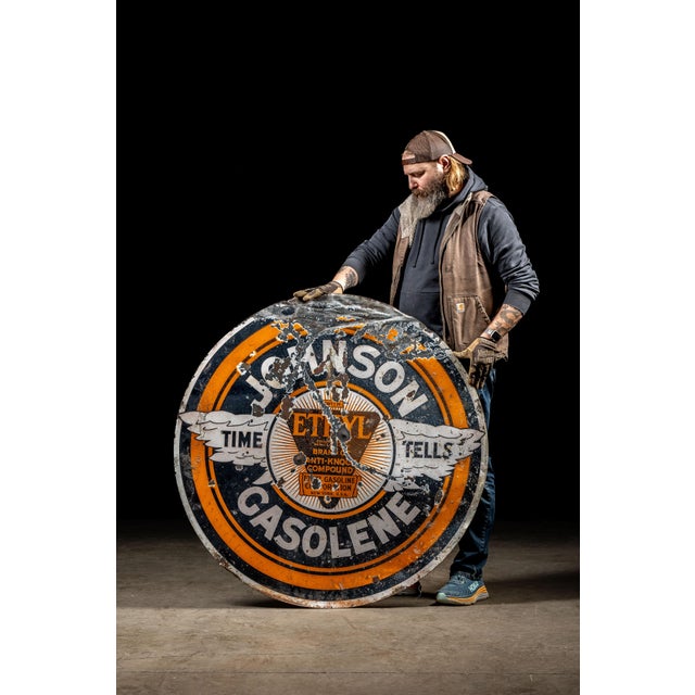 American John1920s–1930s Johnson Gasolene With Ethyl Double-Sided Porcelain Sign For Sale - Image 3 of 13