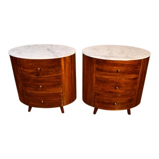 1960s Pair Mid Century Modern Fruit Wood & Marble Top Nightstands Bedside Tables For Sale