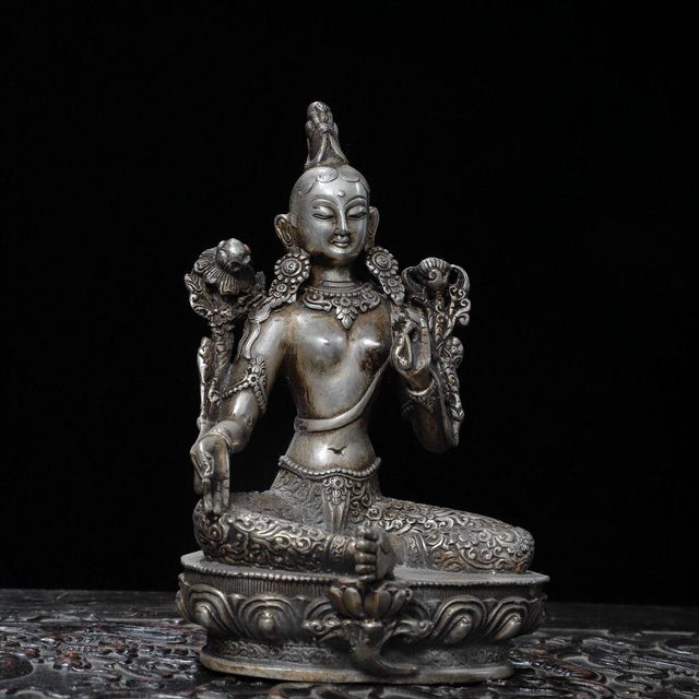 Green 1910s Gilt Silver Green Tara Statue | 18cm Religious Buddhist Figure for Home Altar For Sale - Image 8 of 9
