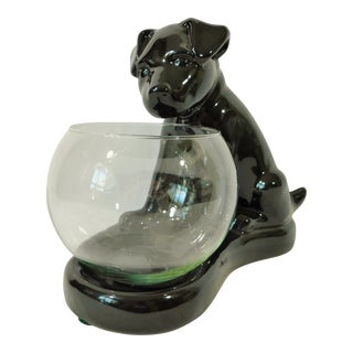 Mid 20th Century Vintage Haeger Black Ceramic Puppy Dog Bowl Candle Holder Figurine For Sale