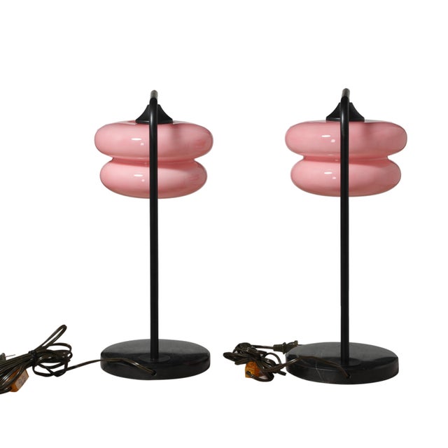 Pair of Black Onyx and Iron Base Table Lamps With Pink Glass Shades For Sale - Image 4 of 5