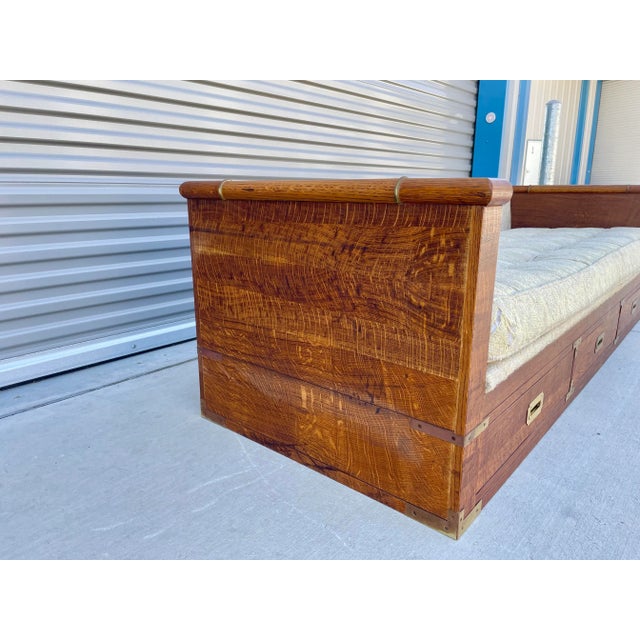 Marge Carson 1960s Mid-Century Campaign Style Tiger Oak Daybed Sofa With Storage Drawers by Marge Carson For Sale - Image 4 of 13