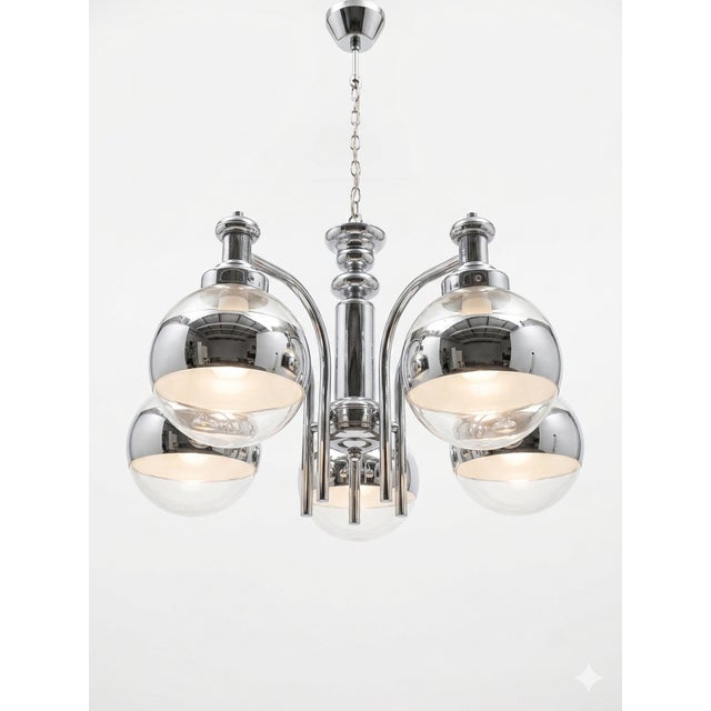 Mid-Century Modern Mid-Century Modern Chrome and Clear Glass Five-Light Globe Chandelier, 1970s For Sale - Image 3 of 3