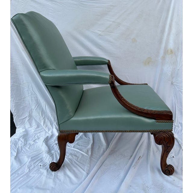 Robin's Egg Blue Mid-19th Century English Mahogany Library Armchair in Robin’s-Egg Blue Leather For Sale - Image 8 of 8