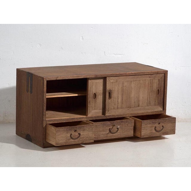 Low Antique Tansu Cabinet with Sliding Doors For Sale - Image 3 of 14