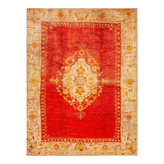 Outstanding Red Color With Medallion and Floral Design Antique Turkish Angora Oushak Rug For Sale