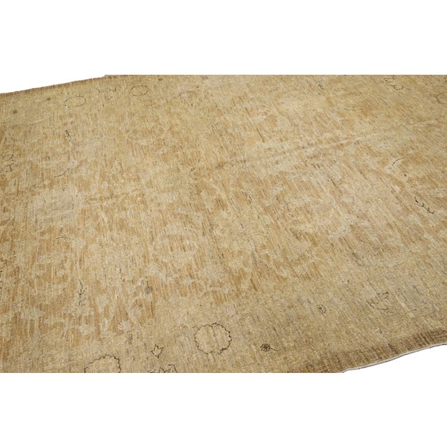 Tan Modern Tabriz Style Handmade Floral Wool Rug For Sale - Image 9 of 13