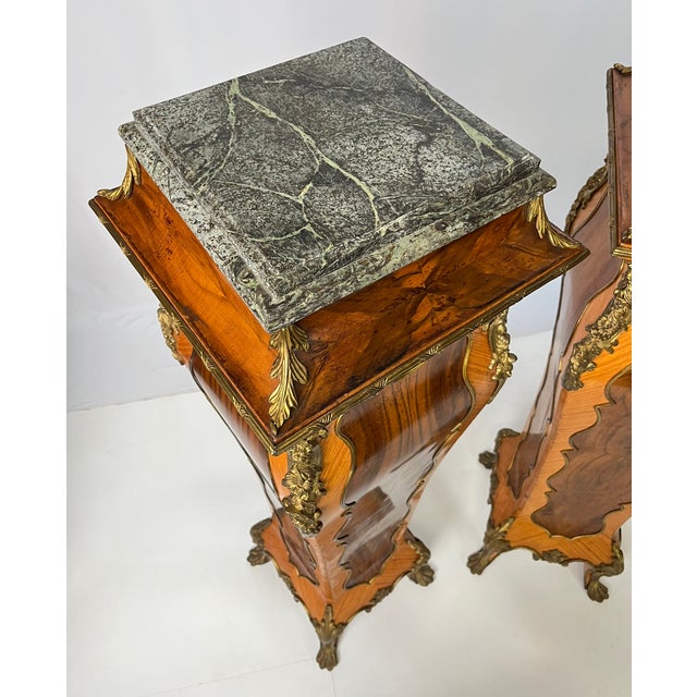 Pair of Mid-20th Century French Rococo Style Marquetry & Ormolu Pedestals With Green Marble Tops For Sale - Image 10 of 16