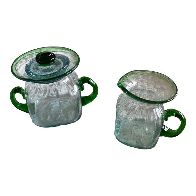 1970s Mexican Vintage Hand Blown Green Glass Jar With Lid and Small Pitcher Set Unique Bubble Glass Organic Shape For Sale