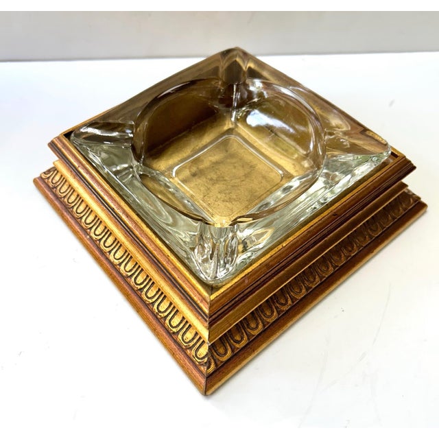Mid-Century Modern Vintage Glass Tobacco Ashtray MCM Gilded Gold Leaf Base Box Executive Desk For Sale - Image 3 of 6