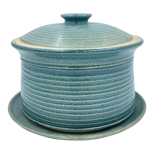 Vintage Studio Pottery Covered Berry Bowl With Lid and Drip Plate, Blue Green Ceramic Colander, Signed Handmade Produce Keeper For Sale