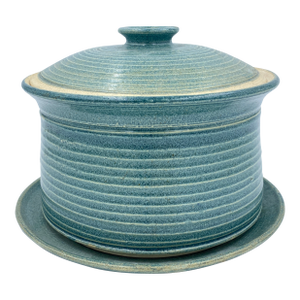 Vintage Studio Pottery Covered Berry Bowl With Lid and Drip Plate, Blue Green Ceramic Colander, Signed Handmade Produce Keeper