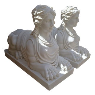 Egyptian Sphinx Sculptures in White Marble, Italy, 20th Century, Set of 2 For Sale
