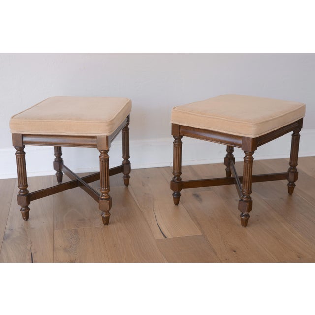 Vintage French Louis XVI Style Upholstered Ottomans - A Pair For Sale - Image 4 of 14