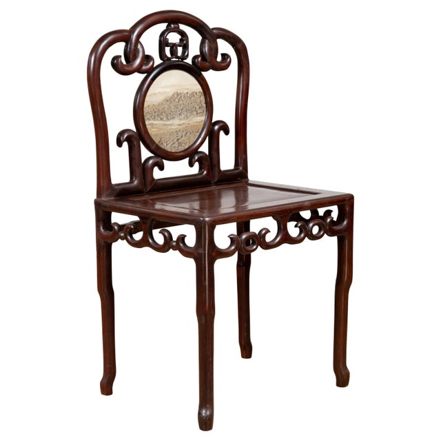 Chinese Antique Rosewood Side Chair with Open Fretwork and Marble Medallion For Sale - Image 13 of 13