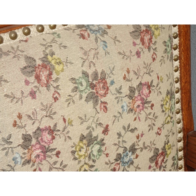 Brown Vintage Oak Cane French Country Arm Chair W Tapestry Backrest Fabric For Sale - Image 8 of 12