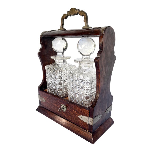 Antique Late 1800s English Oak Two Decanter Tantalus with Key - 4 pcs For Sale