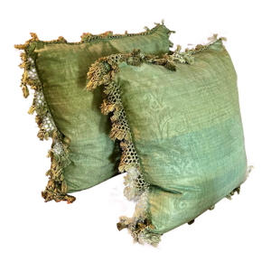 Vintage Green Linen Damask Square Pillows With Passimenterie Fringe Trim - A Pair