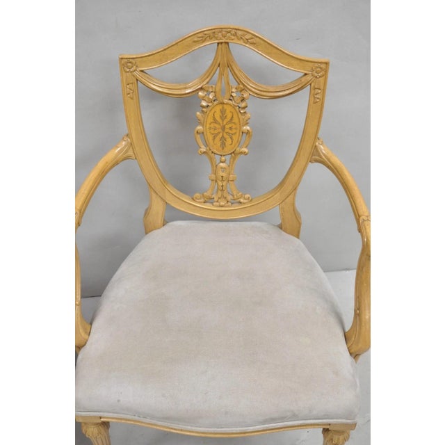 Wood Late 20th Century Hepplewhite Prince of Wales Drape Carved Shield Back Dining Arm Chairs - A Pair For Sale - Image 7 of 14