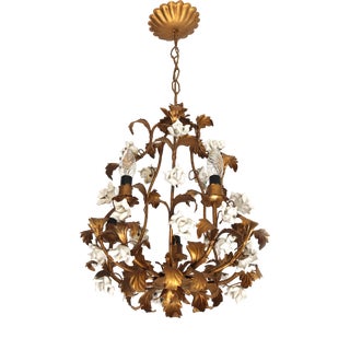 Vintage Florentine Tôle Chandelier with Porcelain Roses, 1950s For Sale