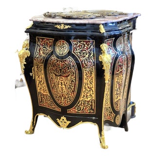 Grand French Louis XV Black Cabinet – Marble Top With Ornate Gold Leaf & Marquetry Details For Sale