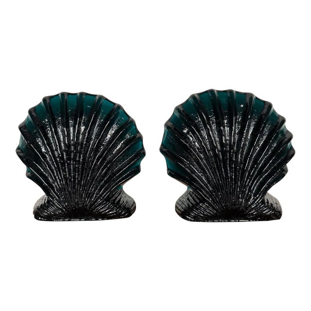 Pair of Blenko Glass Green Teal Clam Shell Bookends For Sale