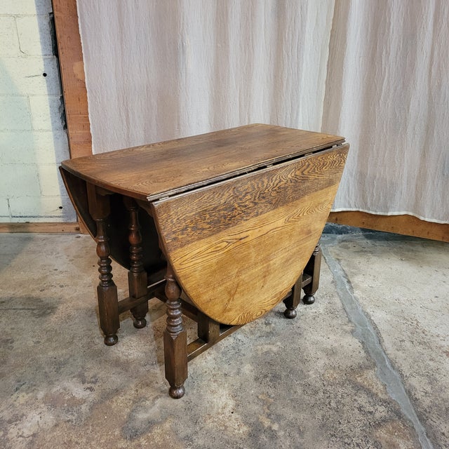 Brown English Oak Gateleg Drop Leaf Table With Turned Legs For Sale - Image 8 of 11