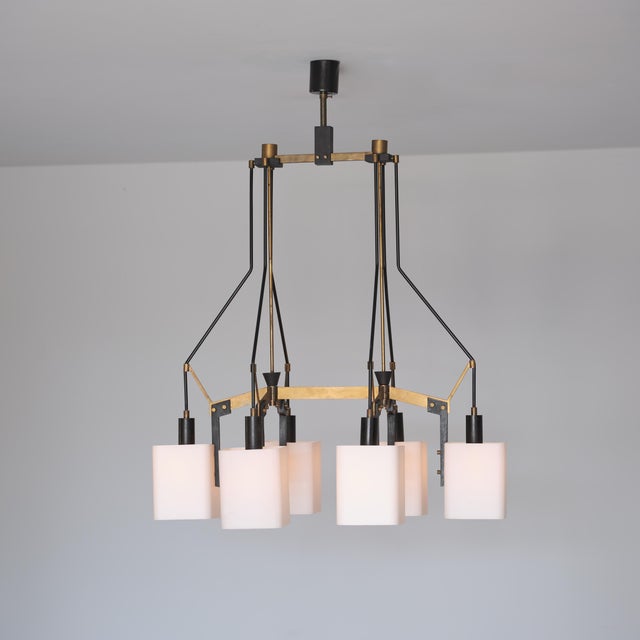 Italian Six-Light Chandelier in Brass, Black Metal and Opaline Glass, 1950s For Sale - Image 13 of 16