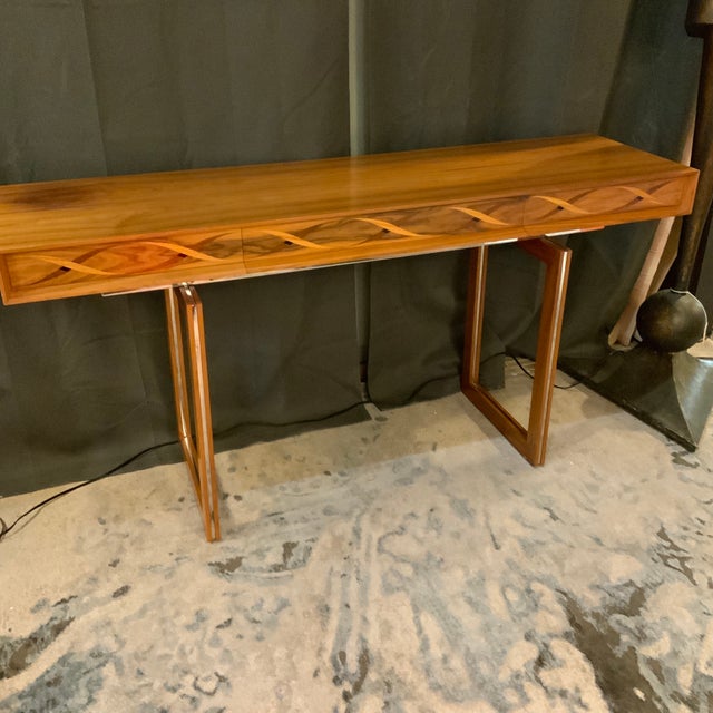 Helix console table in santos rosewood and walnut feature the distinctive double helix motif in marquetry inlay of Indian...