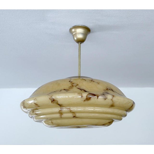 Metal Art Deco Pendant Light in Amber Marble Glass, 1930s For Sale - Image 7 of 18