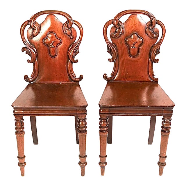 Pair of William IV Carved Mahogany Hall Chairs For Sale