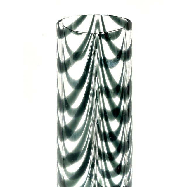 Hand-Blown Studio Glass Cylindrical Vase with Dark Green Spring Comb Design, 1970s For Sale - Image 4 of 15