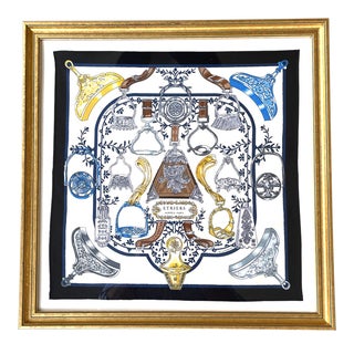 Vintage Hermes Etriers Noir Framed Silk Scarf 20” For Sale