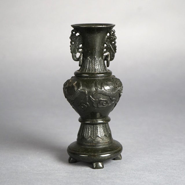 Early 20th Century Antique Chinese Carved Hard Stone Double Handle Urn in Relief with Dragons, Circa 1920 For Sale - Image 5 of 8