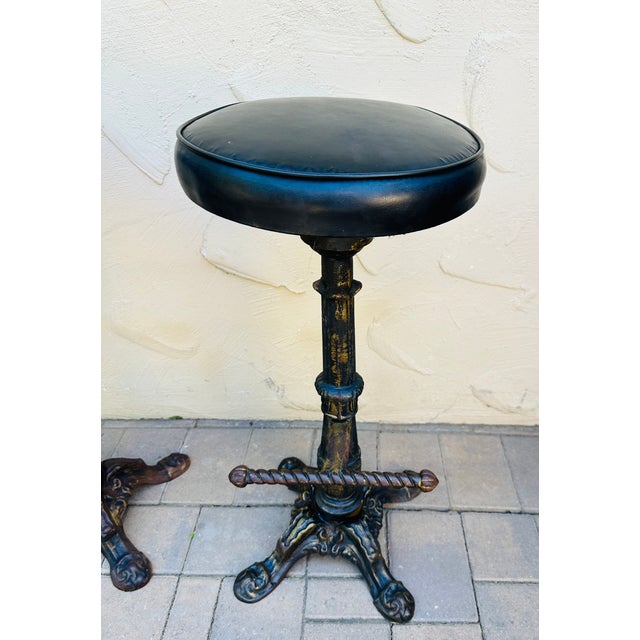 Early 1900s Antique Heavy Cast Iron Bar Stools Barley Twist- A Pair For Sale - Image 10 of 14