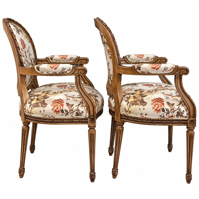 French Vintage Louis XVI Style Carved Wood Fauteuil Armchairs in Floral Chinoiserie Upholstery - A Pair For Sale - Image 3 of 18