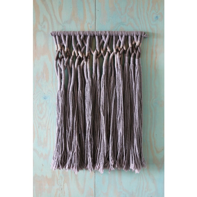 A 1980s Fiber art wall hanging. Thick tufted and twisted yarn bundles in cool blues, grays, and neutrals. Large scale at...