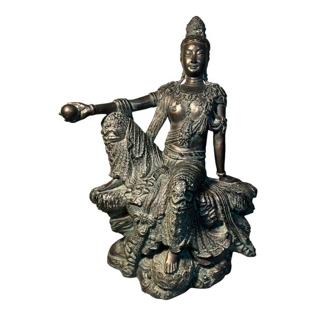 21" Buddha Sculpture Goddess Guan Yin Cold Cast Bronze Over Plaster For Sale