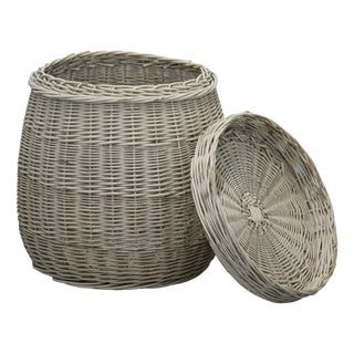 White Wicker Basket with Lid, 1970s For Sale