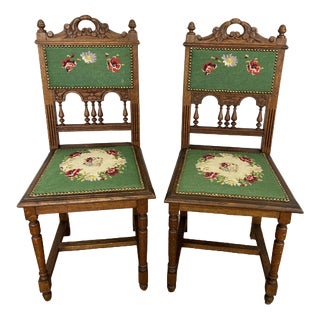 Antique French Oak Floral Upholstered Chairs, Set of 2 For Sale