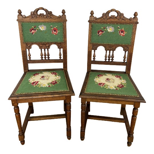 Antique French Oak Floral Upholstered Chairs, Set of 2 For Sale