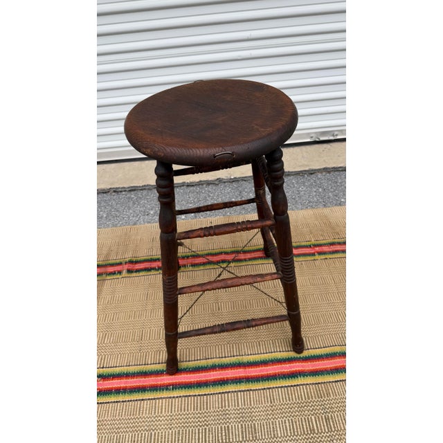 Late 19th Century A Neat Antique Oak Workbench Barstool, With Wire Repairs, Circa 1890’s For Sale - Image 5 of 12