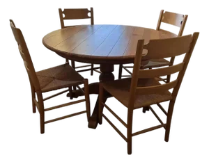 Vintage Ethan Allen Rustic Farmhouse Round Pedestal Table With Ladder Back Handwoven Rush Chairs