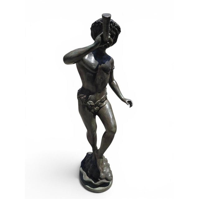Italian Artist, Large Patinated Sculpture of a Boy Blowing a Horn, Early 20th Century, Bronze For Sale - Image 3 of 9