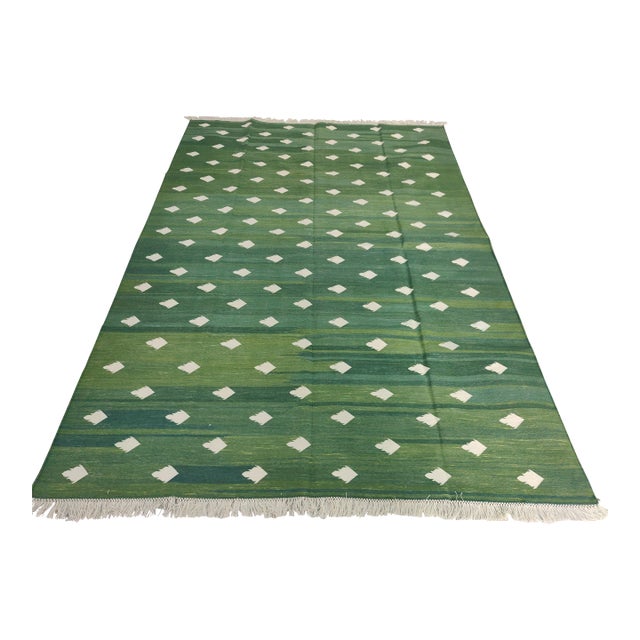 Handmade Cotton Fleur Rug, Forest Green and White Dhurrie - 14'x16' For Sale