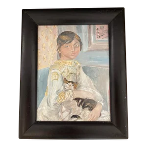 Painting Young Girl and Her Cat Indoors Signed Dated 1962