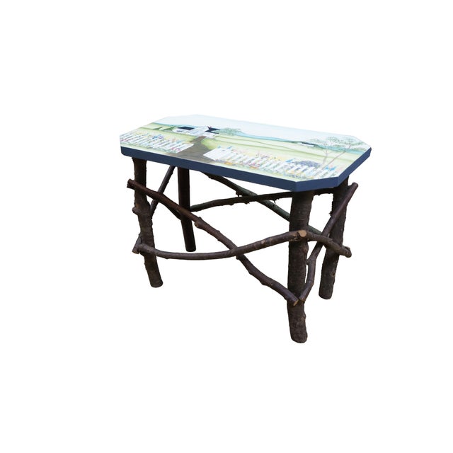 Vintage Adirondack rustic twig / log bench / stool / coffee table featuring a hand painted pastoral country farmhouse...