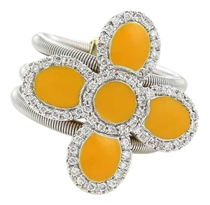 Roberto Coin Diamonds & Enamel 18k Two Tone Gold Floral 3 Flex Band Ring - Size 6