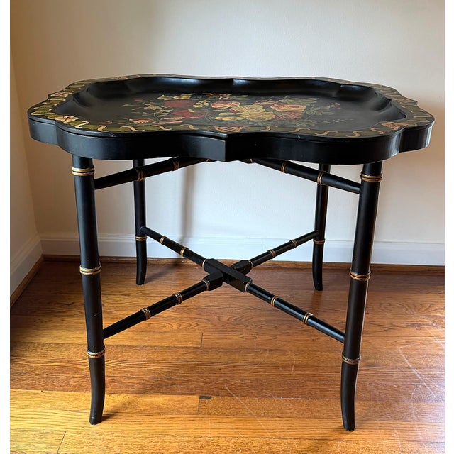Vintage Chinoiserie Black Neiman Marcus Black Hand Painted Floral Tray Table For Sale - Image 10 of 12