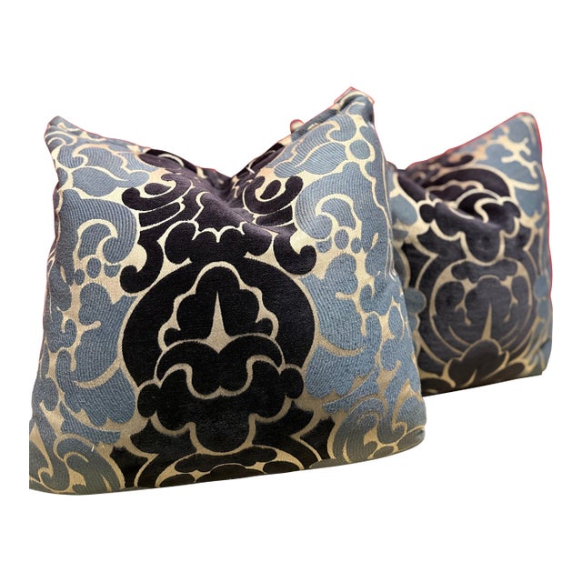 Pair of Silk Pillows With Burn Out Velvet Motif For Sale